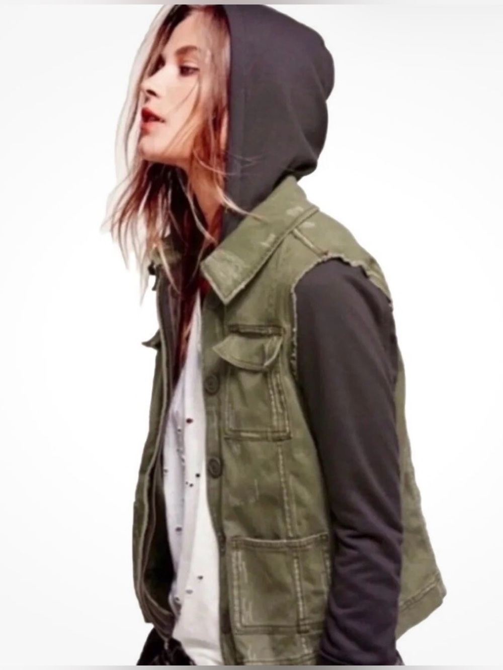 Free People Distressed Military Utility Jacket with Hoodie Sleeves - Small